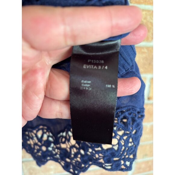Anne Fontaine Evita Navy Blue Cotton Lace 3/4 Sleeve Blouse Embroidered Design - Picture 6 of 11